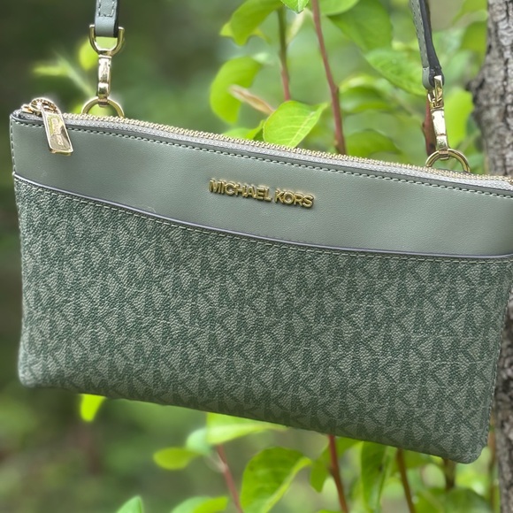 Michael Kors Olive Green Monogram Wristlet Crossbody